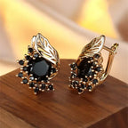 Black Zirconia Cluster Leverback Earrings in Gold Tone