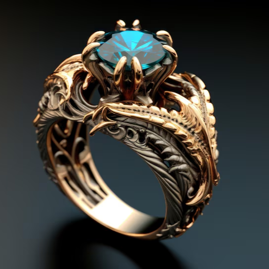 Vintage-Style Gold-Tone Leaf Blue Zirconia Ring