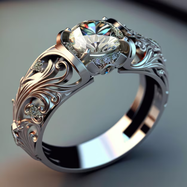 Engraved Silver-Tone Band Ring with Crystal Accents