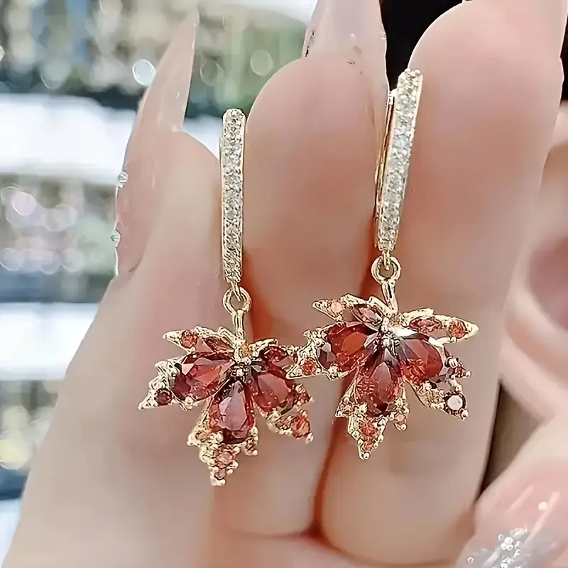 Zirconia Leaf Spray Leverback Earrings in Gold Tone