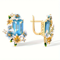 Blue Crystal Blossom Gold-Tone Earrings