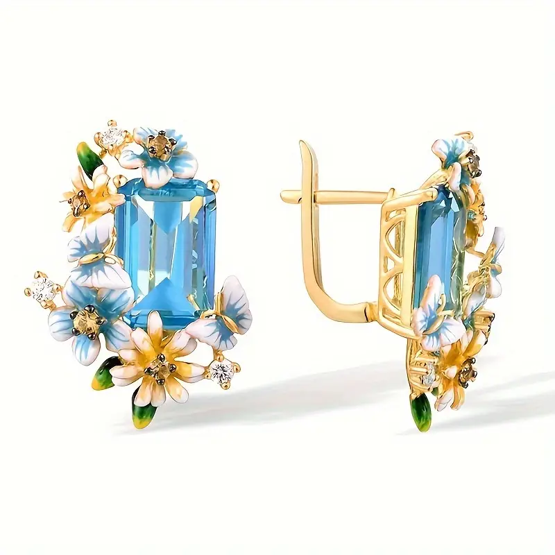 Blue Crystal Blossom Gold-Tone Earrings