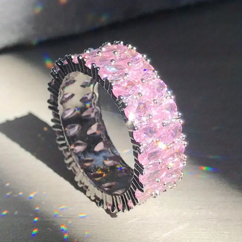 Pink Inlaid Zirconia Silver-Tone Ring