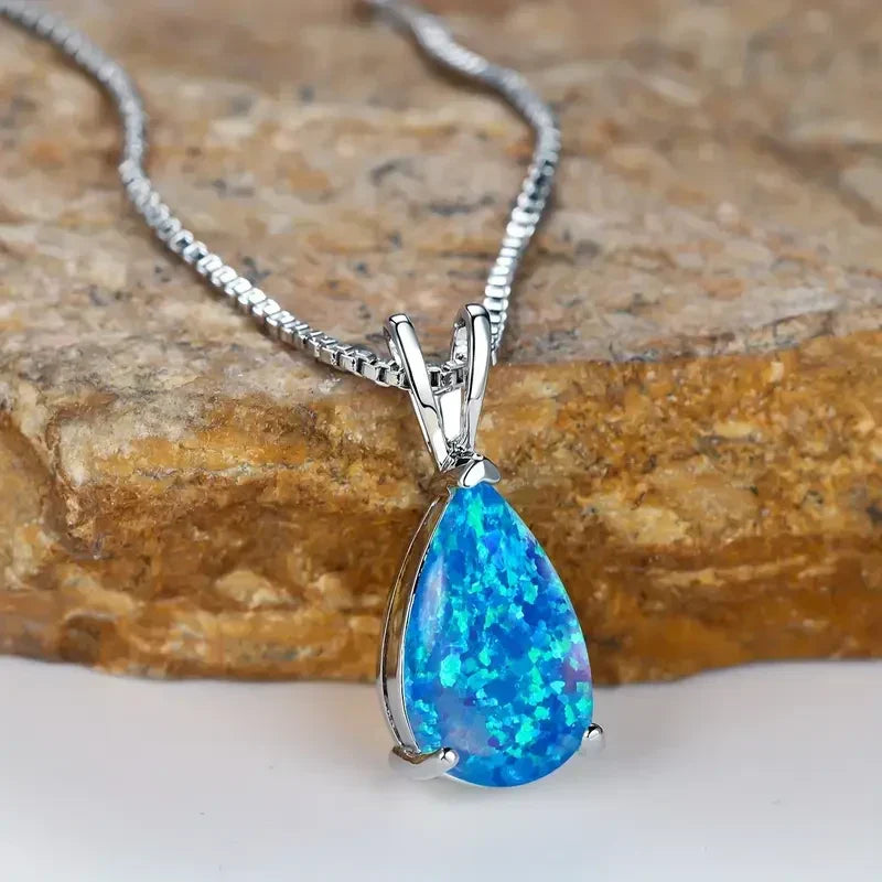 Azure Opal-Look Teardrop Necklace in White Gold Tone