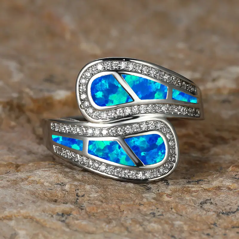 Blue Opal-Look Silver-Tone Open Ring
