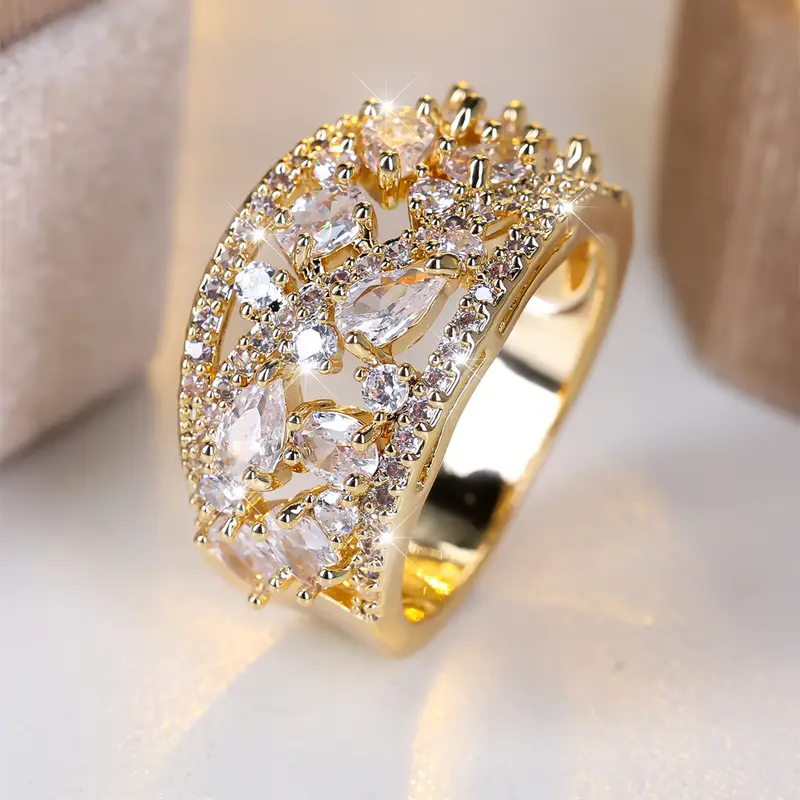 White Crystals Hollow Gold-Tone Ring