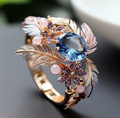 Ring met roos, veer en blauw kristal