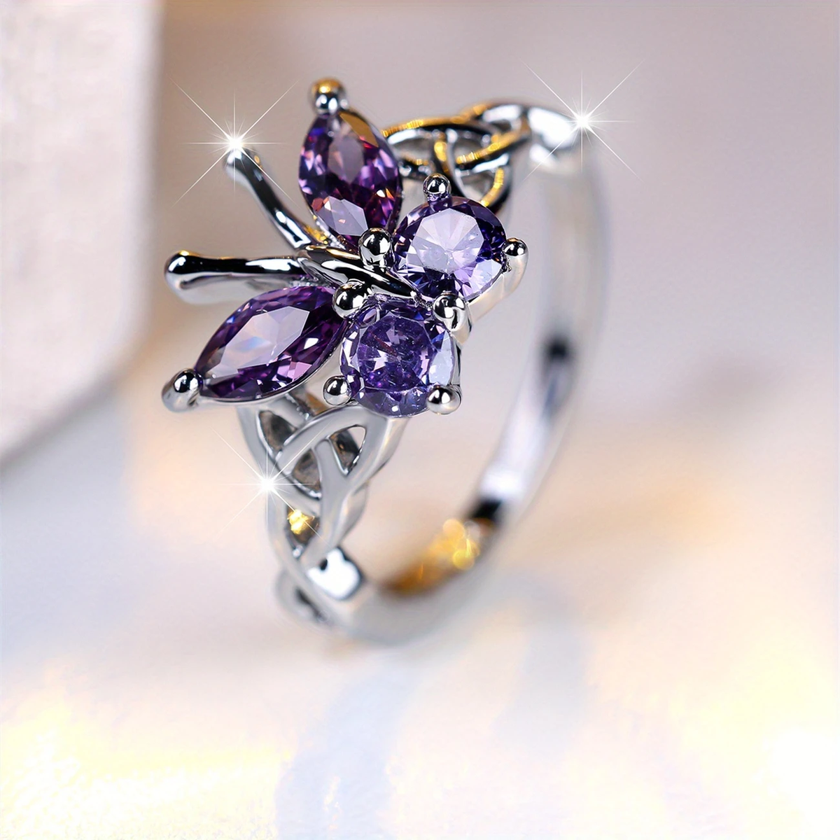 Purple Butterfly Silver-Tone Ring