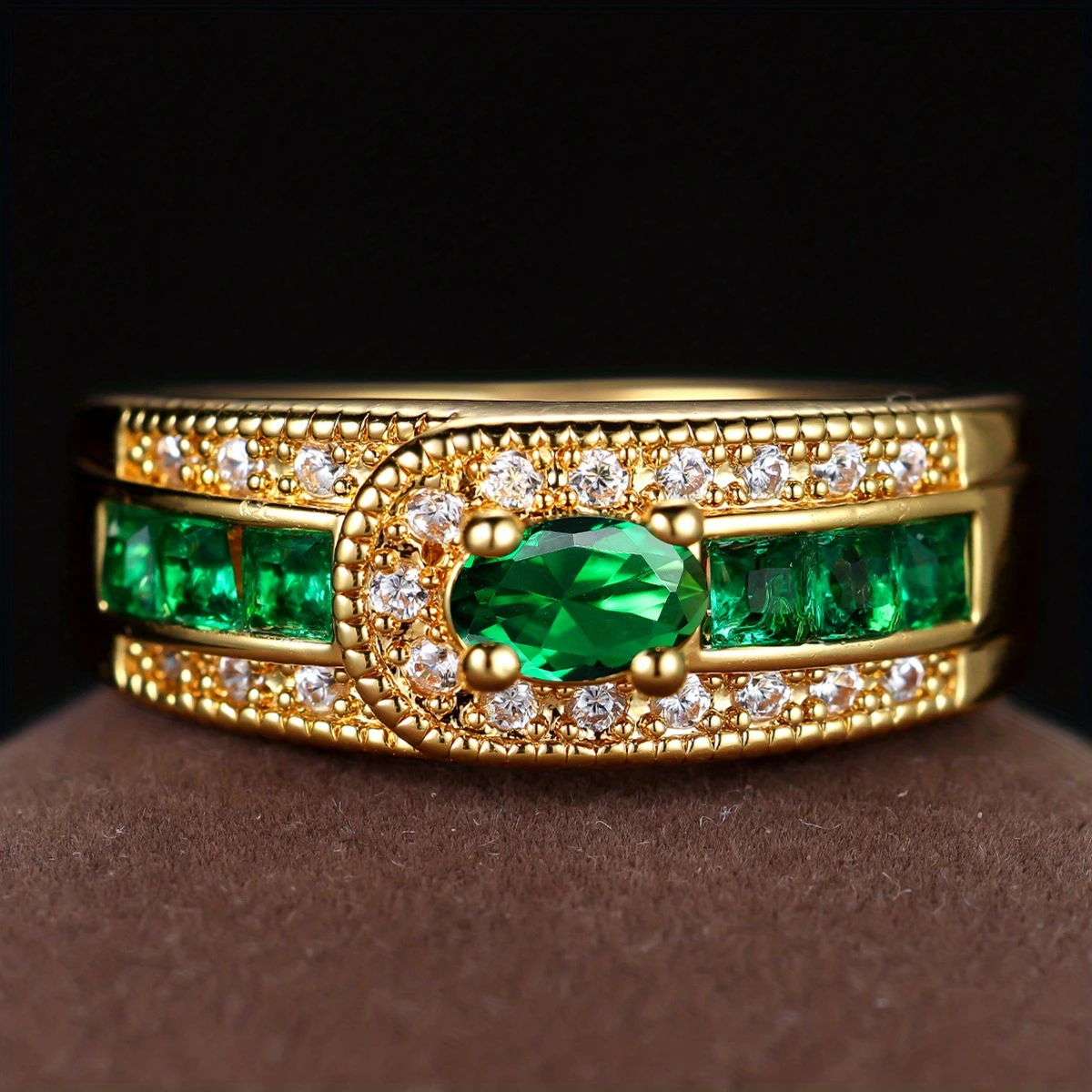 Gold-Tone Band Ring with Green Zirconia Channel Row