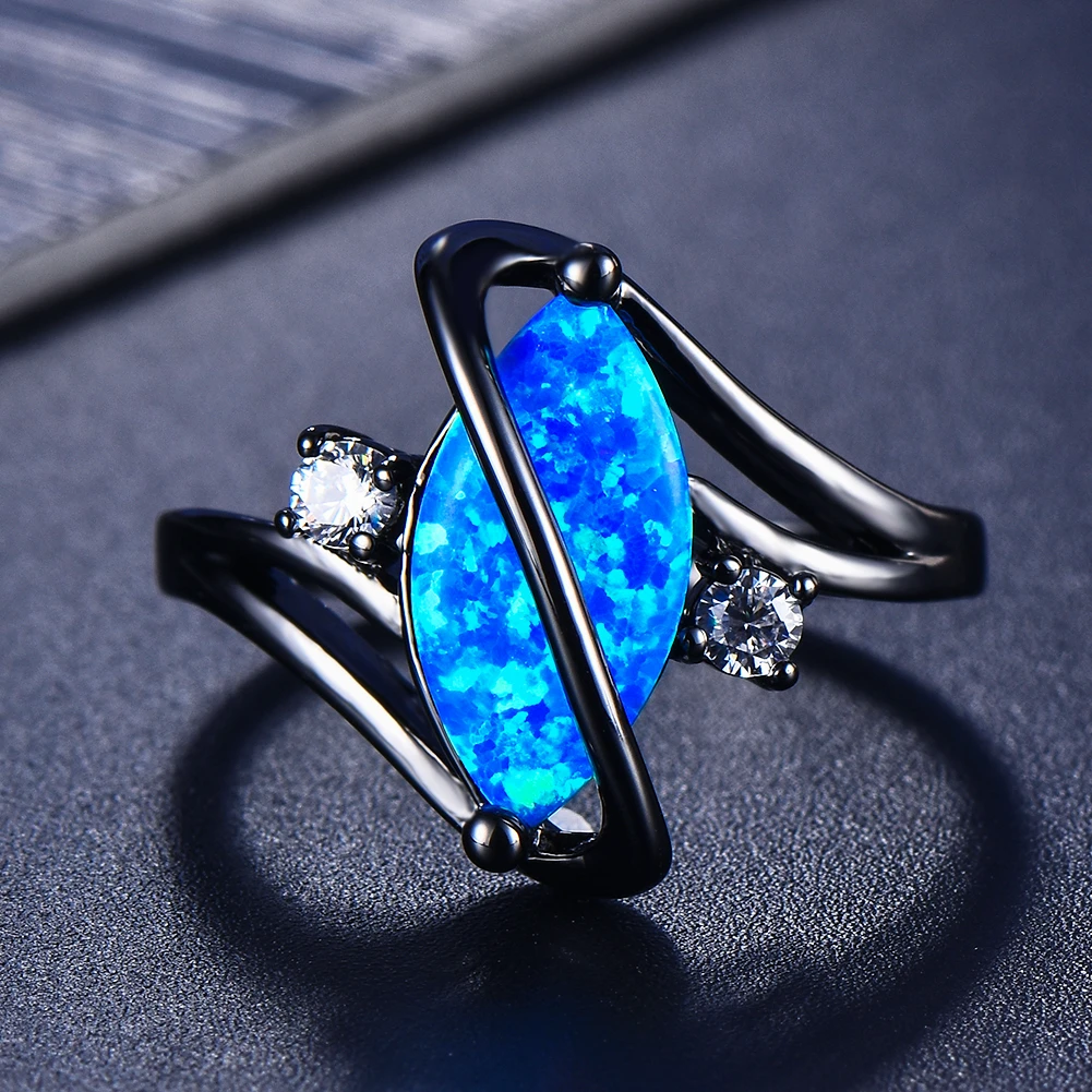 Blue Opal-Look Dark Silver-Tone Ring