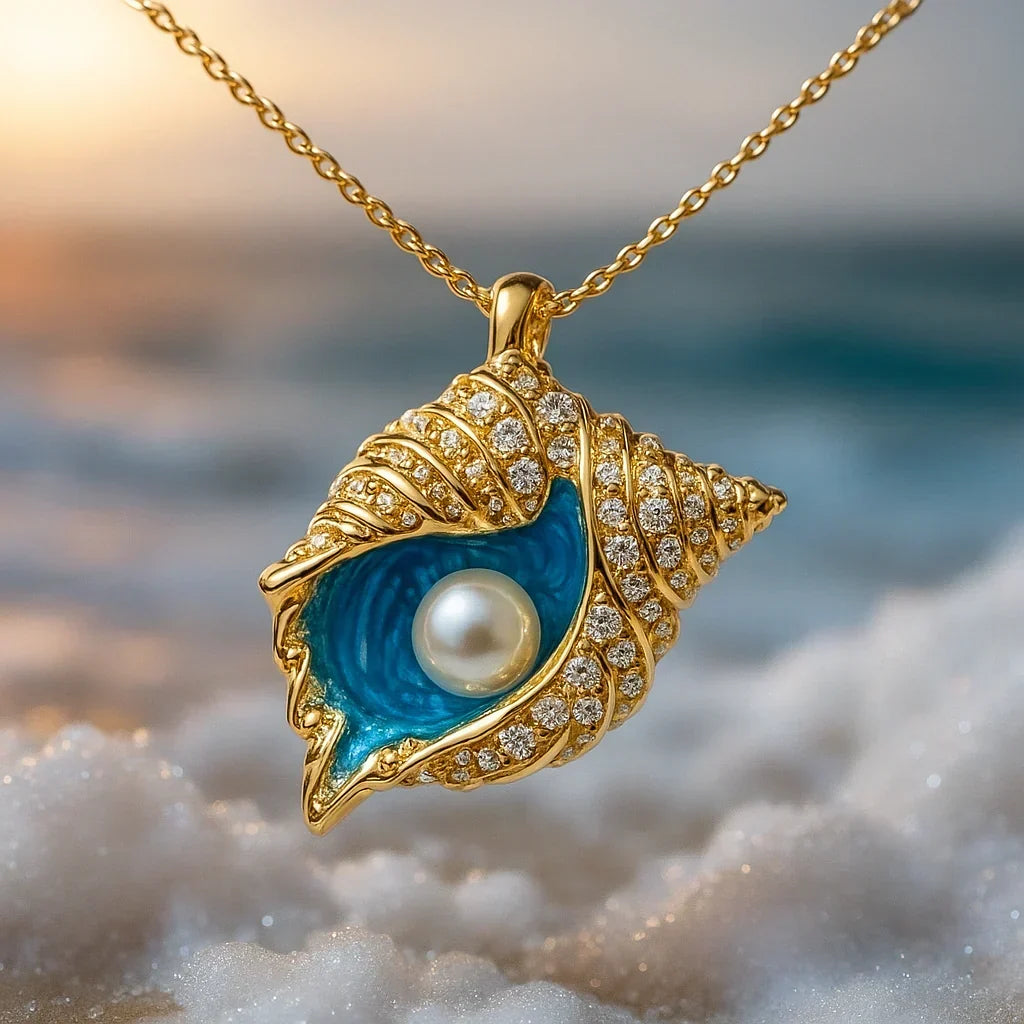 Pearl Seashell Necklace in Gold Tone