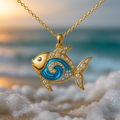 Blue Opal-Look Gold-Tone Fish Necklace