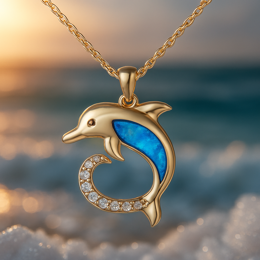 Stralende goudkleurige ketting met dolfijn in opaallook