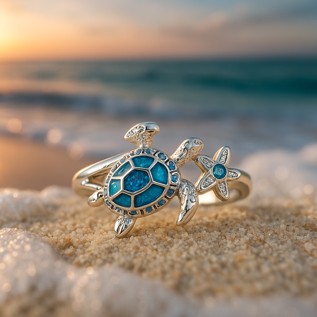 Blue Opal-Look Turtle Silver-Tone Ring