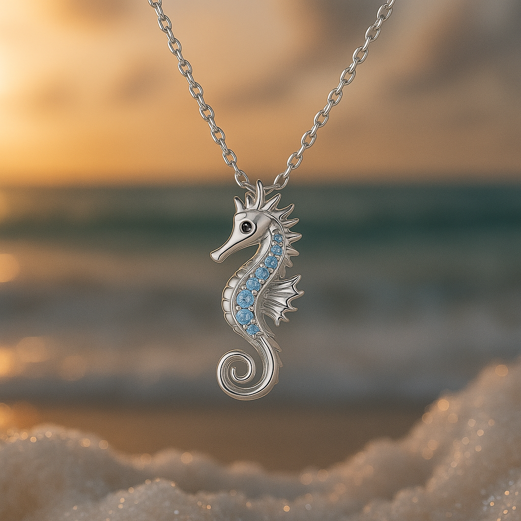 Zilverkleurige zeepaardjesketting met opaallook