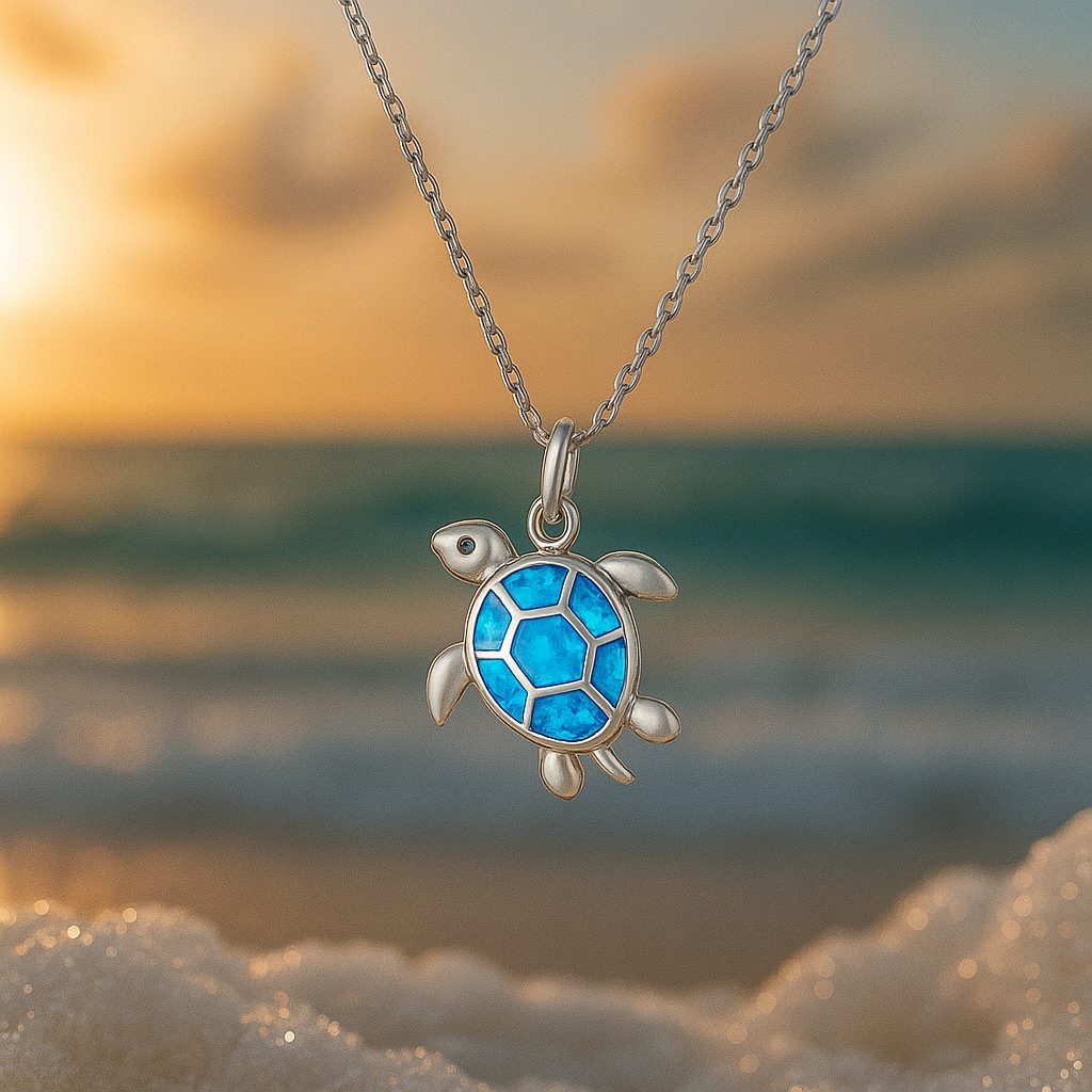 Blue Opal-Look Turtle Silver-Tone Necklace