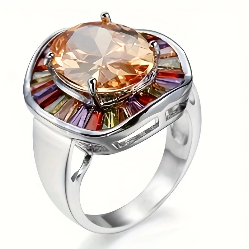 Kleurrijke ronde zilverkleurige ring met ingelegd kristal