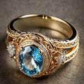 Stralende goudkleurige ring met lichtblauw kristal