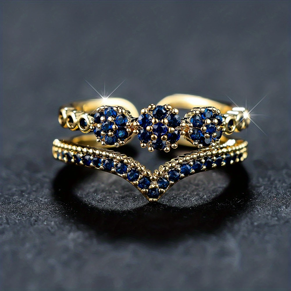 Inlaid Blue Crystal Layered Gold-Tone Ring