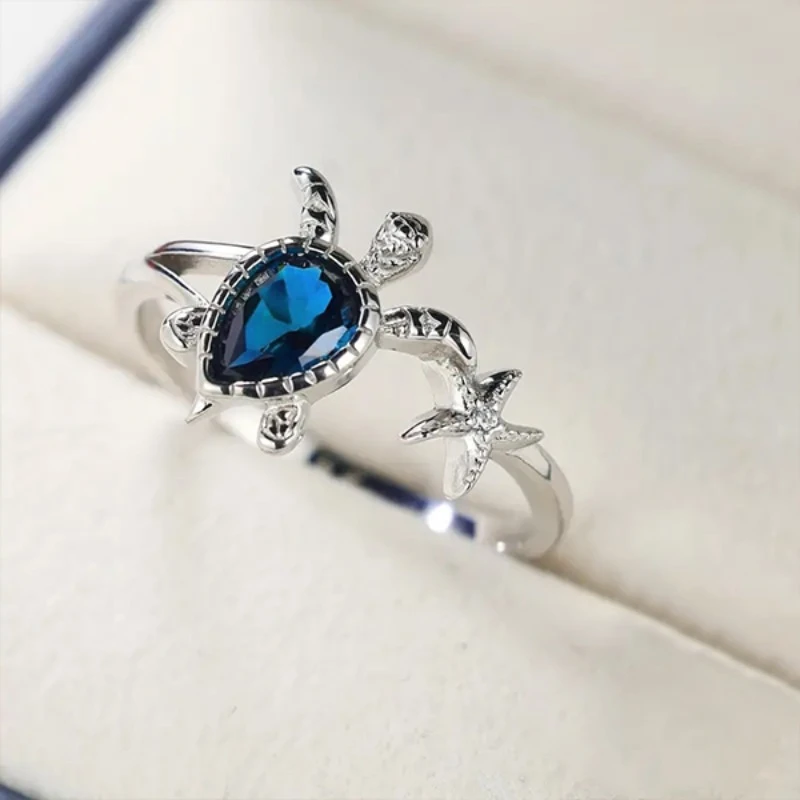 Turtle Blue Crystal Silver-Tone Ring