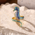 Adjustable Blue Seahorse Gold-Tone Ring