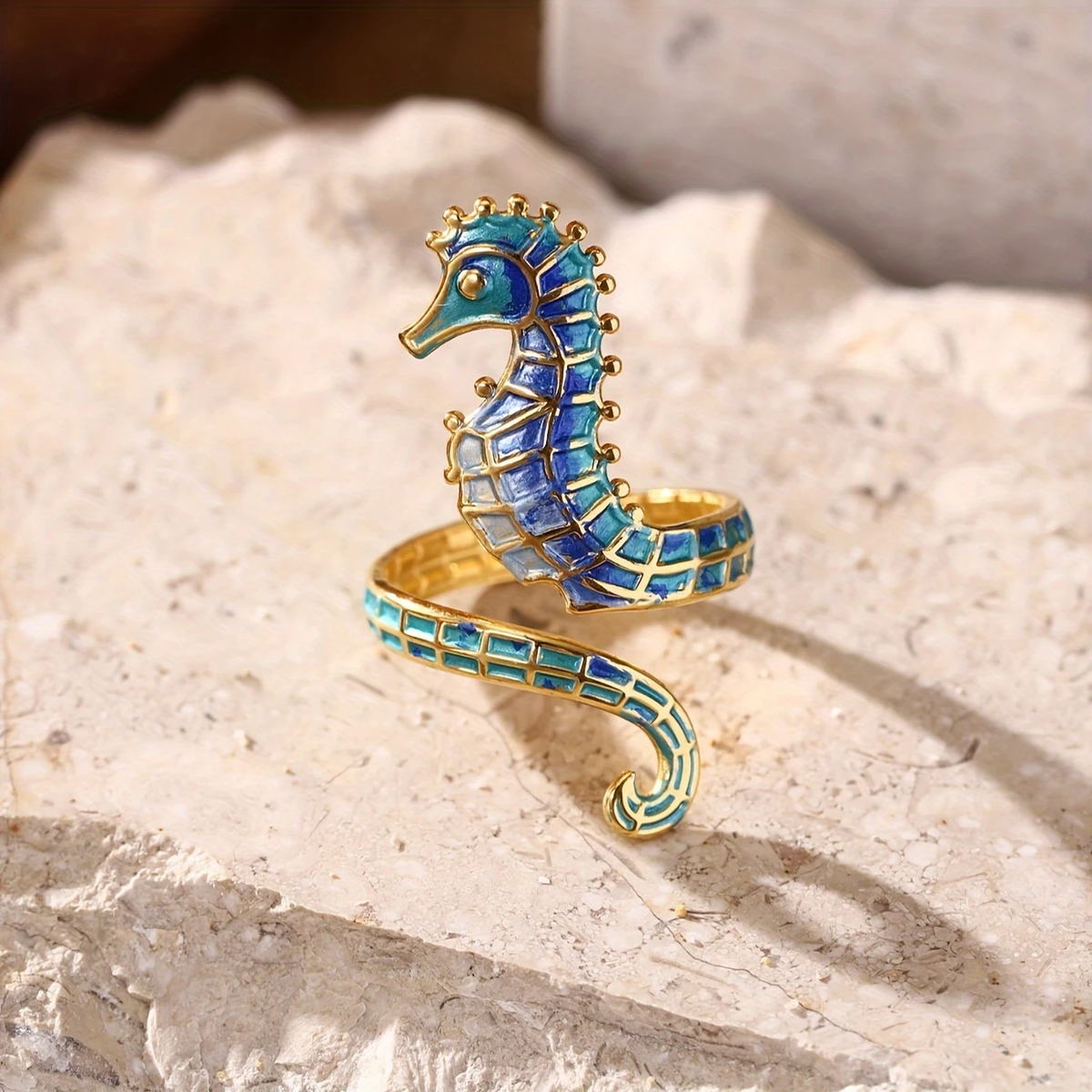 Adjustable Blue Seahorse Gold-Tone Ring