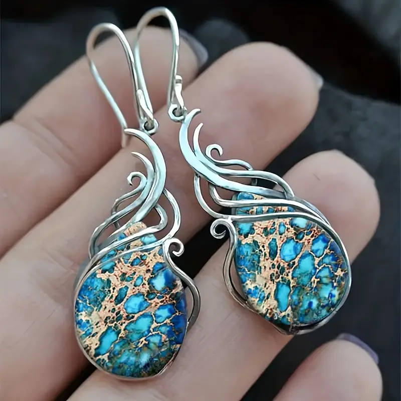 Blue Stone Drop Silver-Tone Earrings
