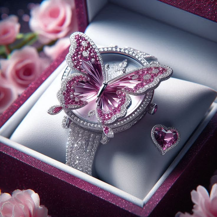 Zilverkleurige ring met roze vlinder met kristallen vleugels