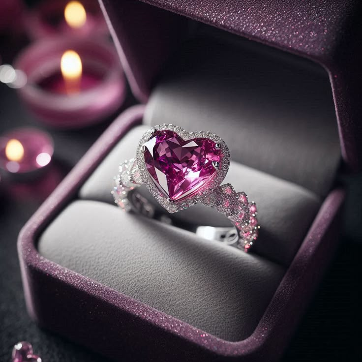 Zilverkleurige hartring met roze kristal