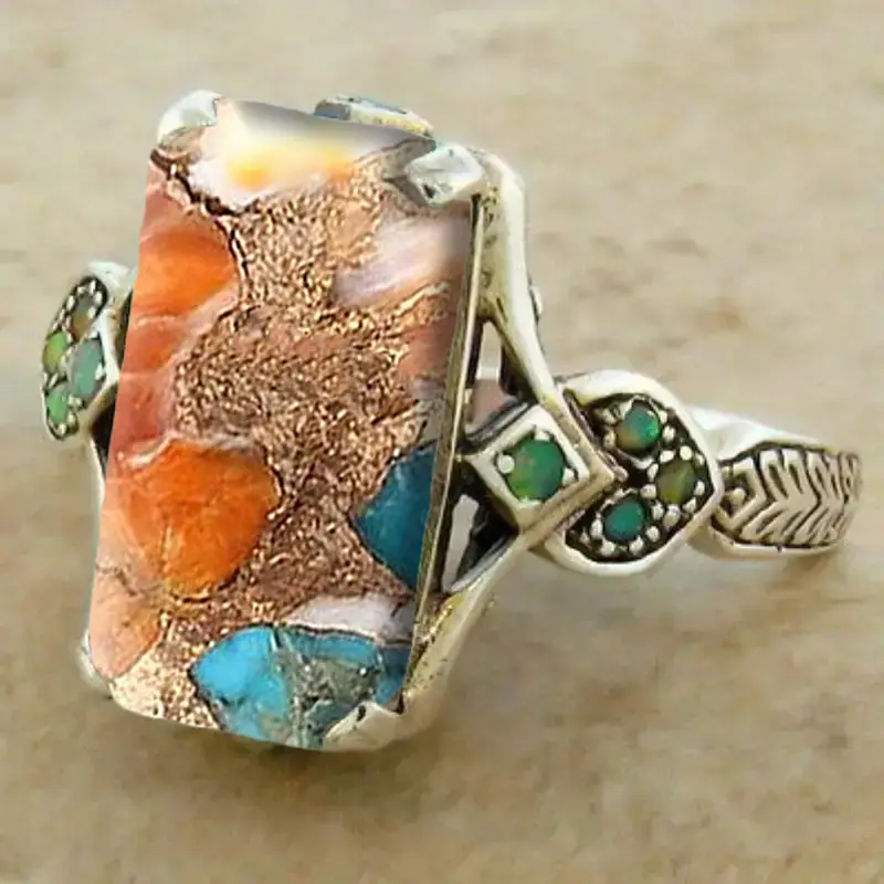 Colourful Rectangular Stone Silver-Tone Ring