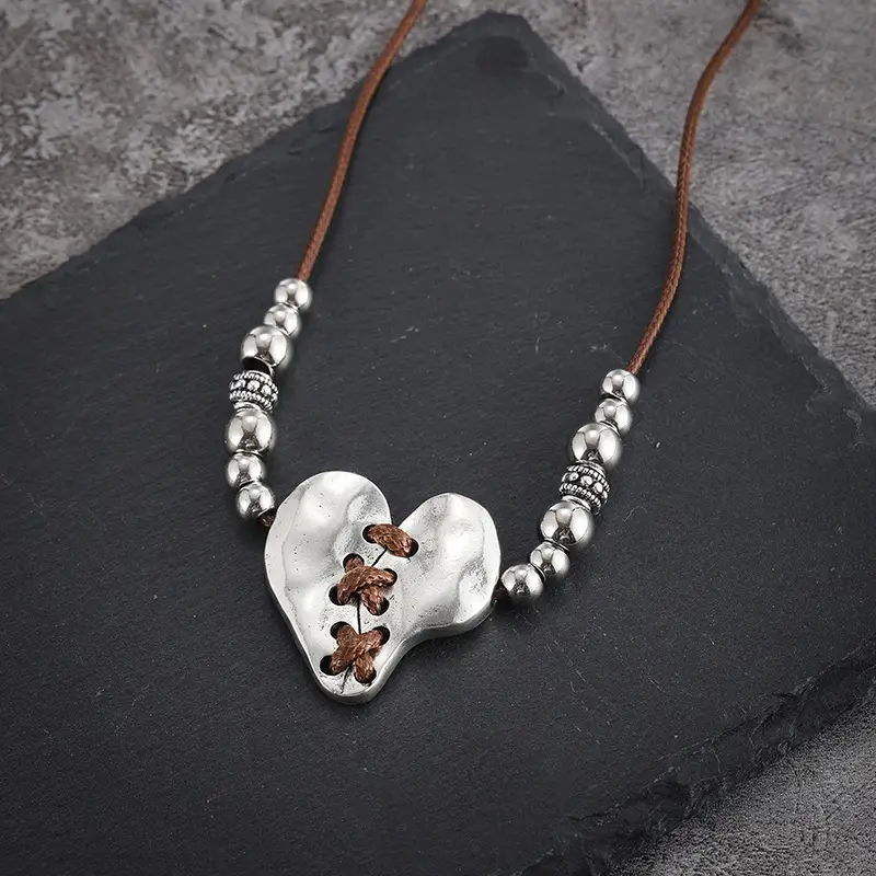 Silver-Tone Heart and Bead Leather Cord Necklace