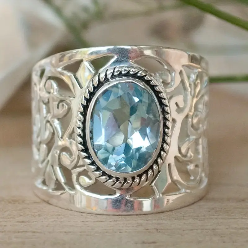 Sky Blue Hollow Silver-Tone Ring