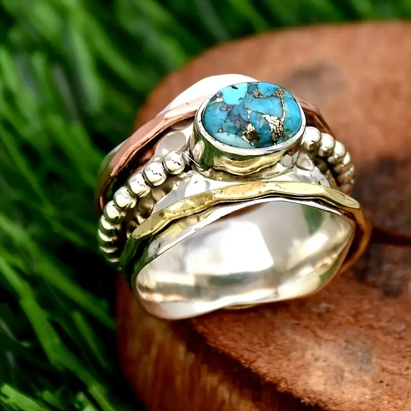 Blue Inlaid Stone Silver-Tone Bead Ring