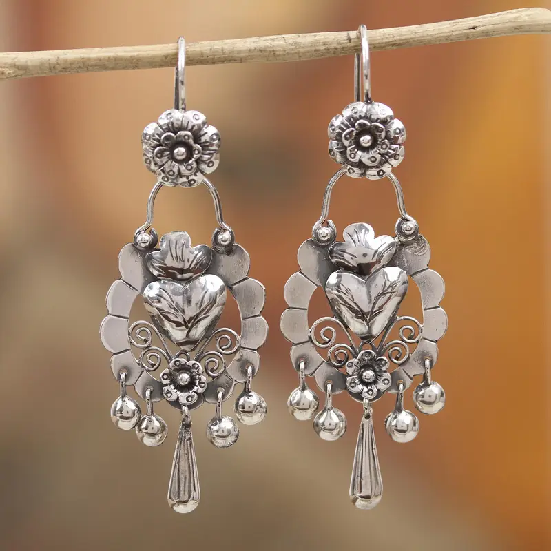 Silver-Tone Ornate Heart Chandelier Earrings