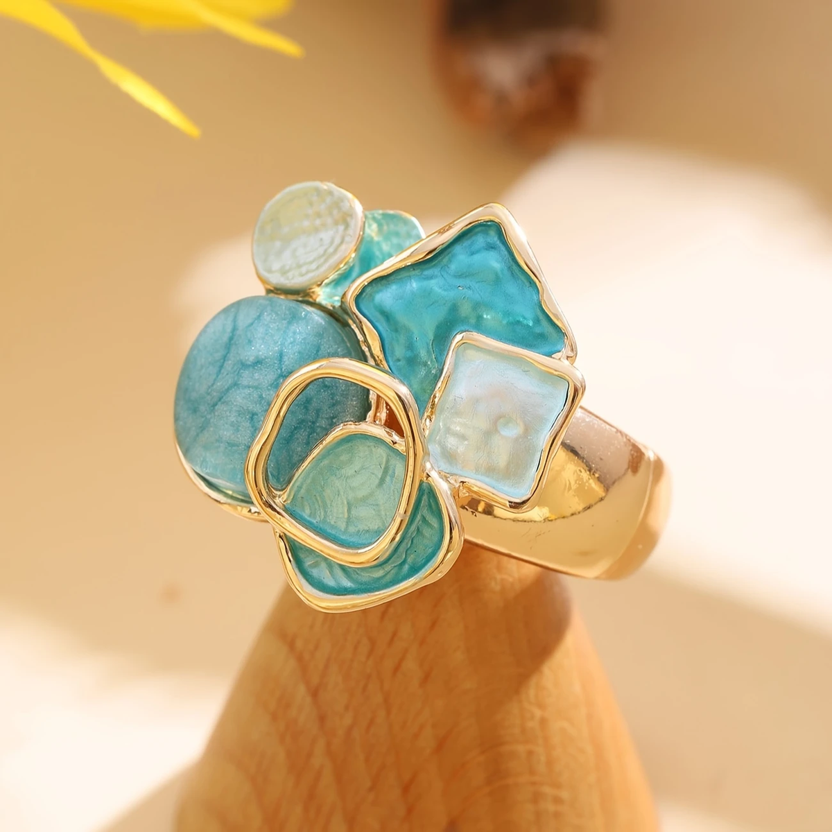 Blue and White Enamel Gold-Tone Ring