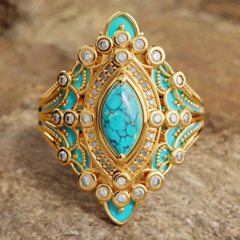 Blue Mandala Gold-Tone Crystal Ring