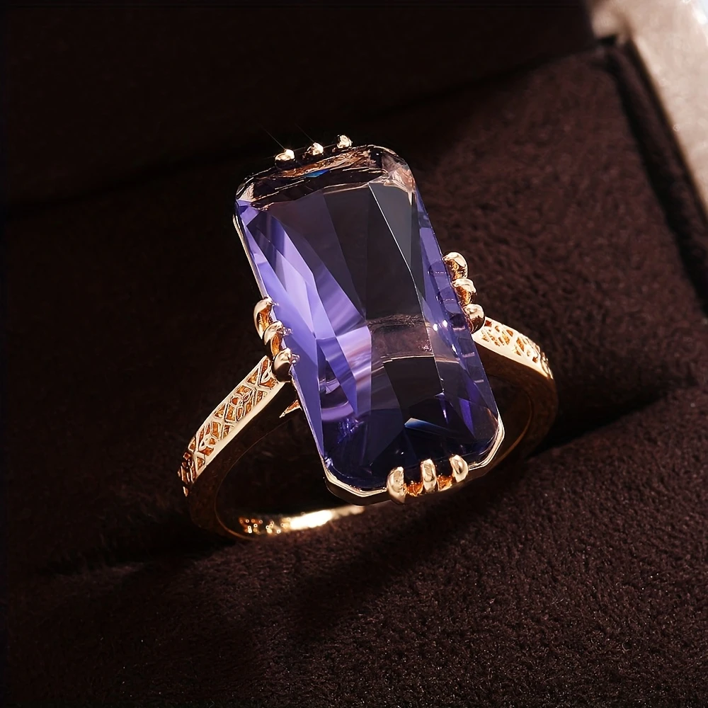 Emerald-Cut Violet Glass Ring on Slim Gold-Tone Band