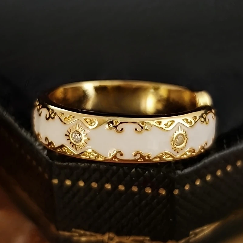 Gold-Tone Band Ring with White Enamel Cut-Out Pattern