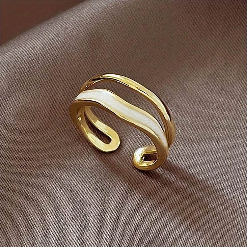 Adjustable Layered White Enamel Gold-Tone Ring