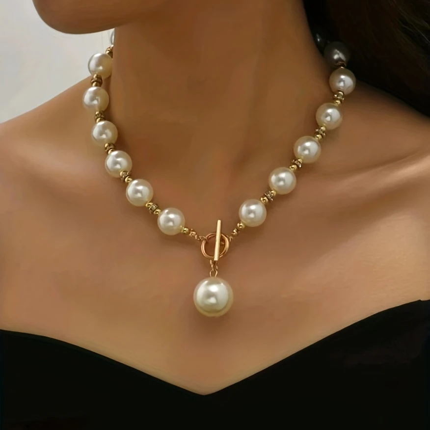 Pearl and Gold-Tone Bead Necklace with Pearl Drop