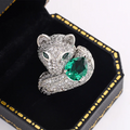 Adjustable Emerald-Look Leopard Silver-Tone Ring