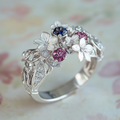 Silver-Tone Floral Red and Blue Crystal Ring