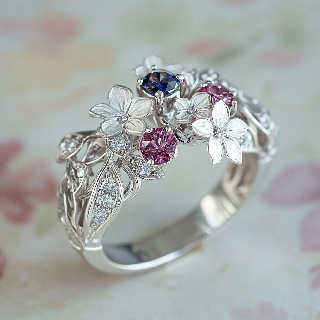 Silver-Tone Floral Red and Blue Crystal Ring