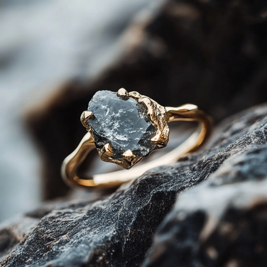 Goudkleurige gesmede ring met grijze steen