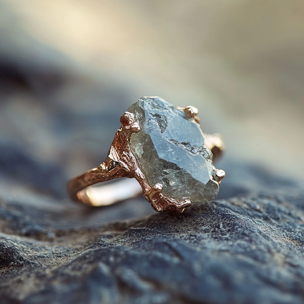 Goudkleurige gesmede ring met grijze kwartslook