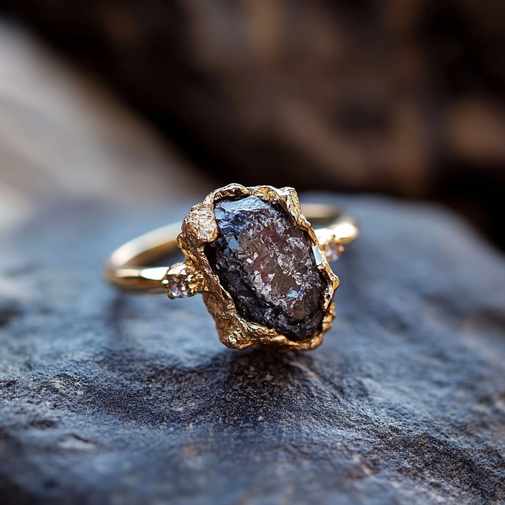 Gesmede goudkleurige ring met donker glas