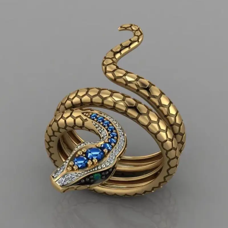 Adjustable Blue Gold-Tone Serpent Ring