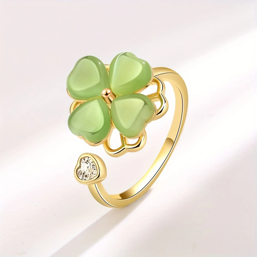 Adjustable Green Flower Zirconia Gold-Tone Ring