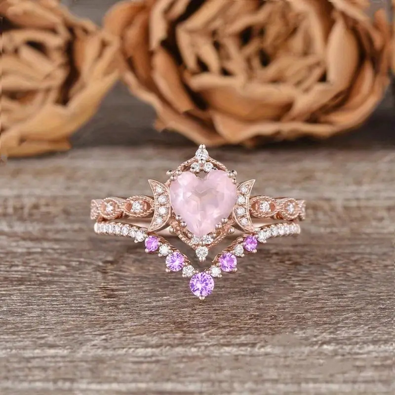 Anel Coroa Coração Cor-de-Rosa Efeito Opala
