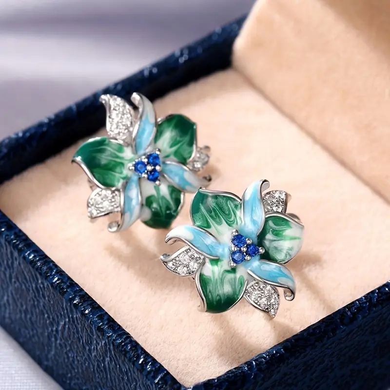 Blue and Green Enamel Floral Earrings